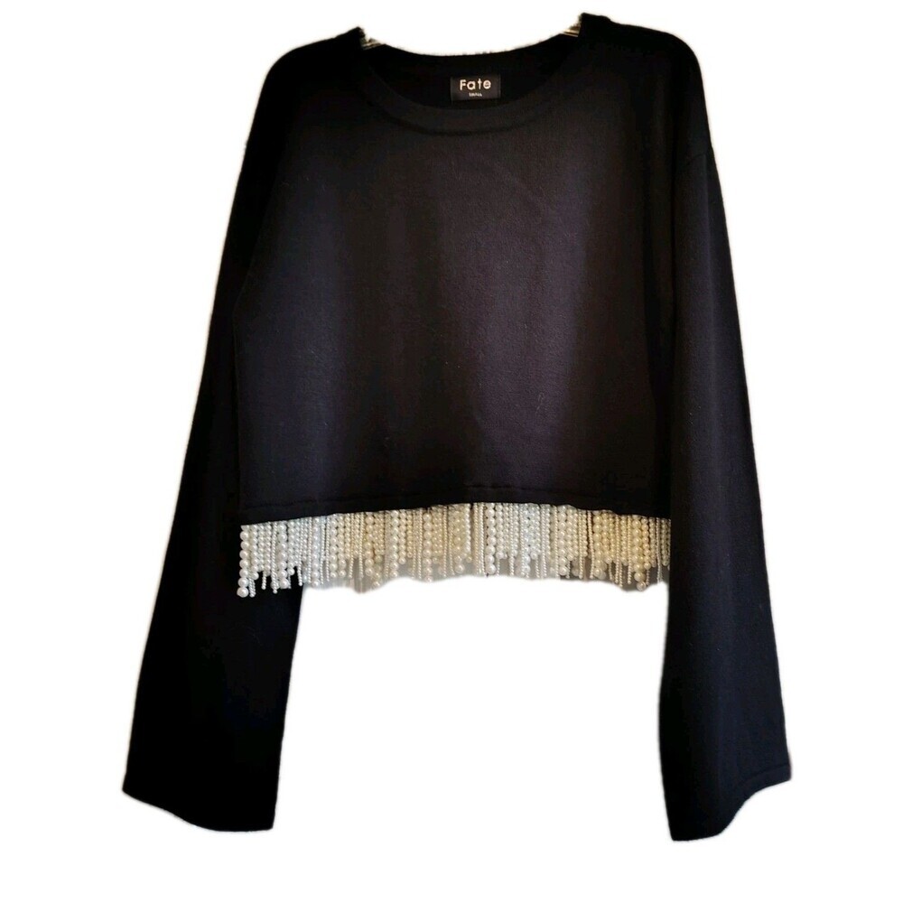Fate "Daring Stares" Pearl Fringe Cropped Knit Sweater Black Women's Size Small